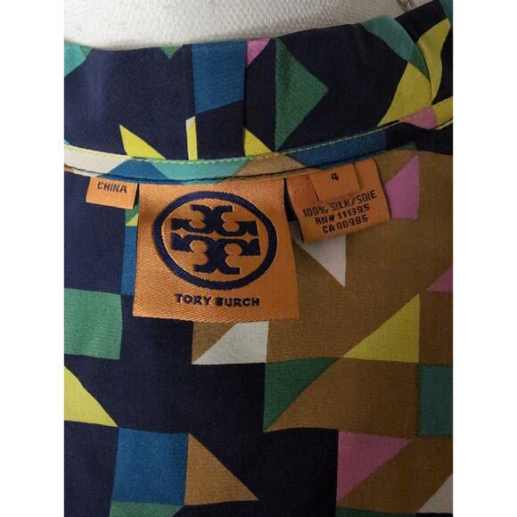 Tori Burch geometric artsy colorful button down tie front blouse 4 - Picture 7 of 9